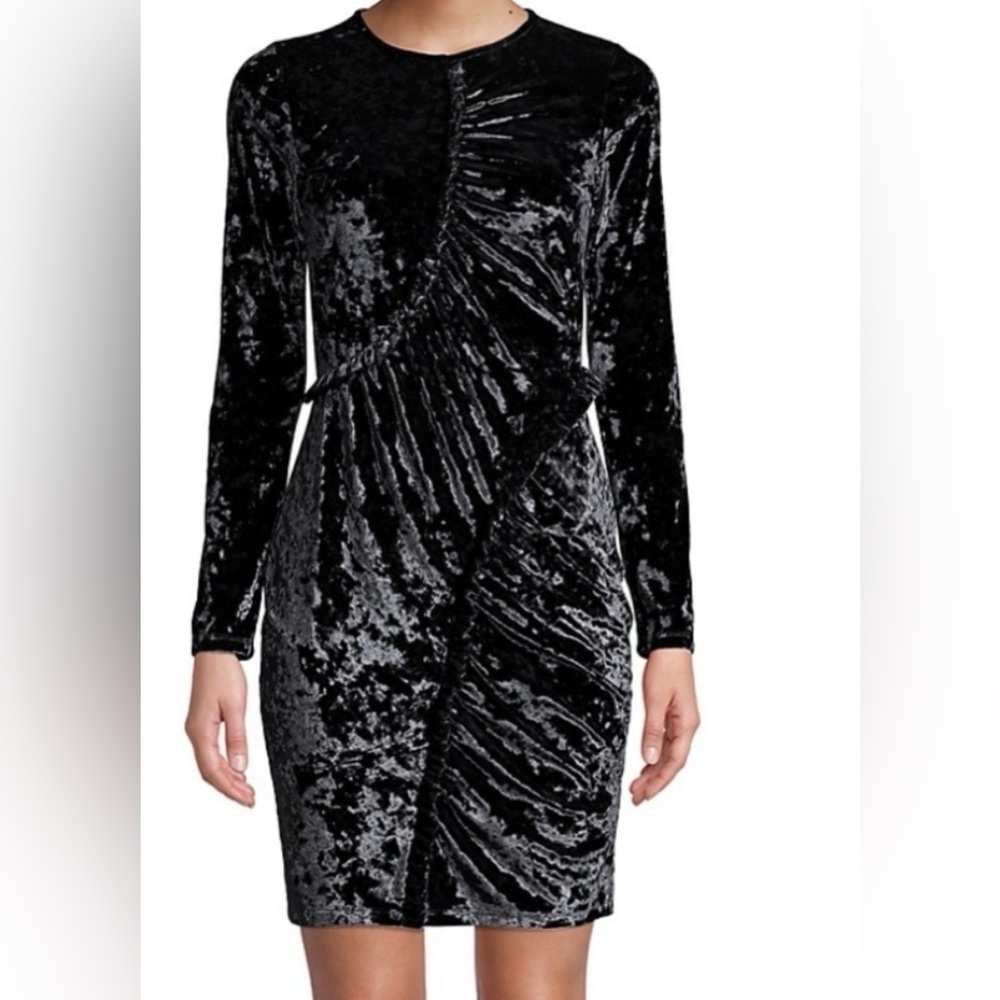 Michael Kors Ruffle Crushed Black Velvet Sheath Dress Ruffle Trim Ruching Sz M